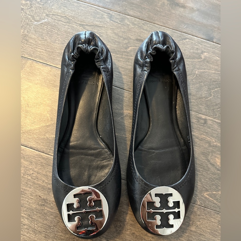 Tory Burch Black Flats with Silver Logo